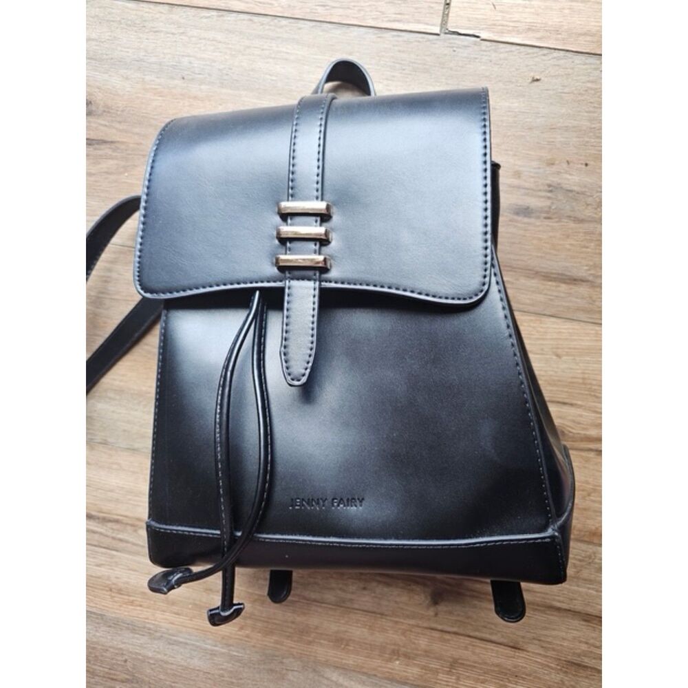 Jenny Fairy Black Faux Leather Drawstring Backpack - Gold Bar Detail